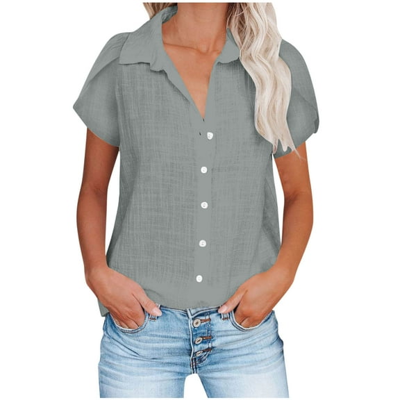 JSheng Ladies Solid Color Lapel Bloues Button Lotus Leaf Sleeve Imitation Cotton and Linen Short Sleeve T-shirt Gray S