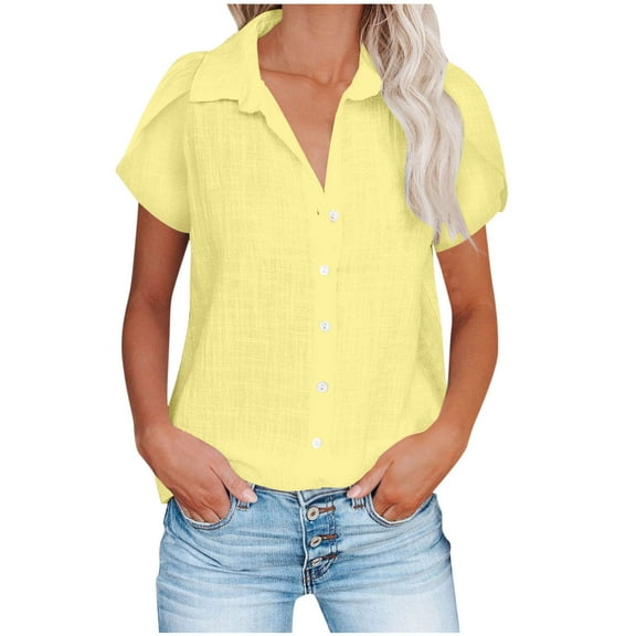 JSheng Ladies Solid Color Lapel Bloues Button Lotus Leaf Sleeve Imitation Cotton and Linen Short Sleeve T-shirt Yellow S