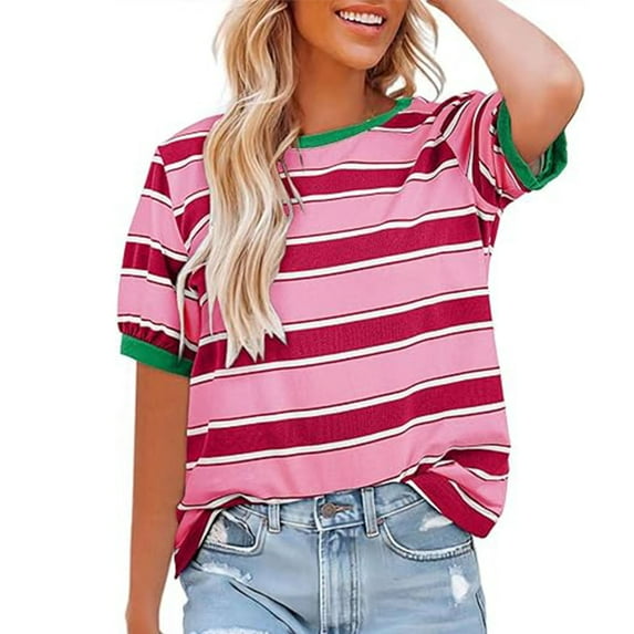 JSheng Ladies Strip Short Sleeved Tops Summer Fashionable Round Neck Tops for Women