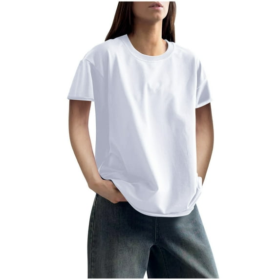 JSheng Ladies Summer Solid Color Bloues Casual Round Neck Pullover Short Sleeve T-Shirt for Women