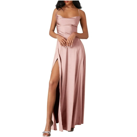 JSheng Long Dresses for Women Casual Fashion Women's Summer Solid Color Spaghetti Strap Round Neck Sexy Long Dress Pink XL