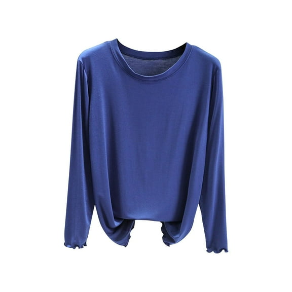 JSheng Long Sleeve Tops for Women Ladies' Solid Color Round Neck Pullover Bottom Loose Comfortable Tops Blue XL