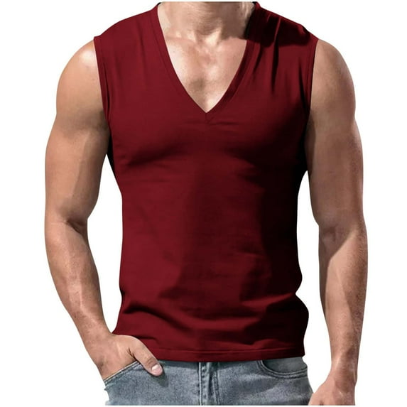 JSheng Men Casual V-Neck Vest Summertime Solid Color Casual Sleeveless Exercise Comfy ank Top Wine XL