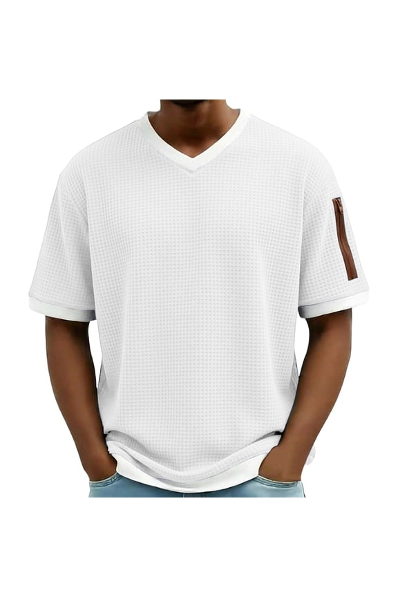 Men Short Sleeved Tops Fashion Mesh Waffle Knit Breathable Short Sleeve V-Neck Solid Color Pullover Top Summer Shirts for Man White L