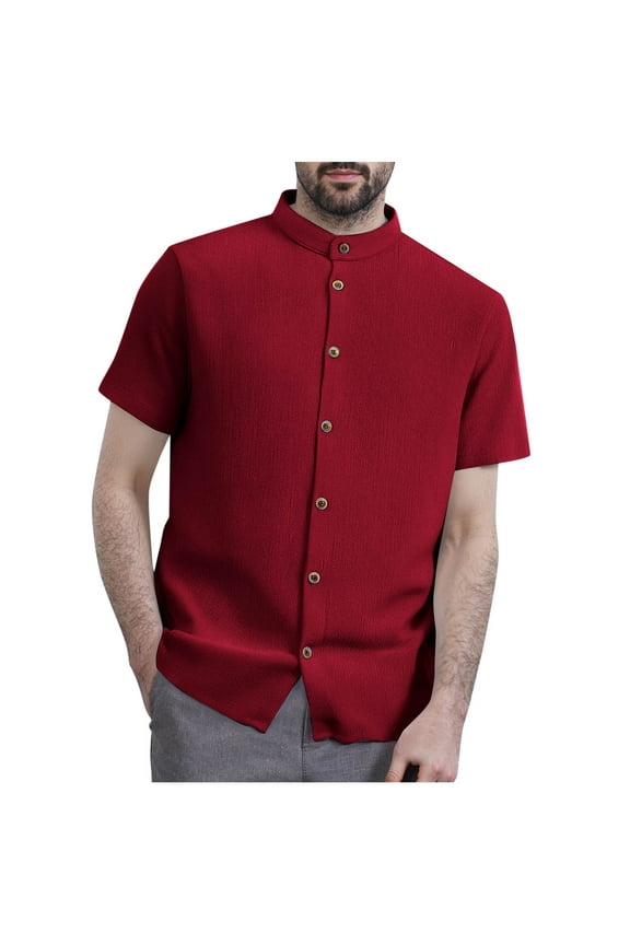 Men's Casual Button Down Shirts Solid-Color Loose Button Short Sleeve Stand-Up Collar Blouse Red S