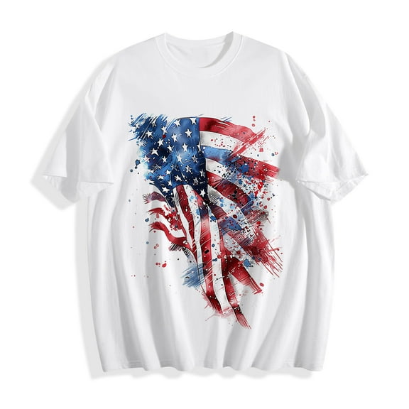 JSheng Men's Casual Tops Fashion Male Independence Day Printed Round Neck Short Sleeved Loose T-shirt Top White L