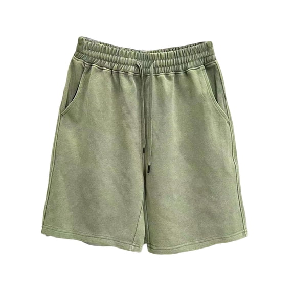 JSheng Men's Cotton Shorts Fashion Solid Color Washed Distressed Drawstring Elastic Waist Pocket Casual Sports Shorts A-Green M