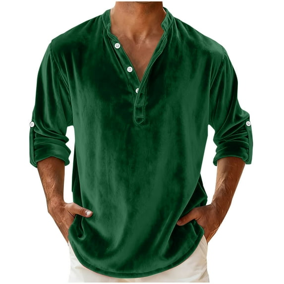 JSheng Men's Gold Velvet Tops Fashion Solid Color Casual Button Long Sleeve Round-Neck Comfy Top for Daily Wear Green M