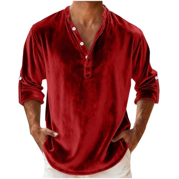 JSheng Men's Gold Velvet Tops Fashion Solid Color Casual Button Long Sleeve Round-Neck Comfy Top for Daily Wear Red S