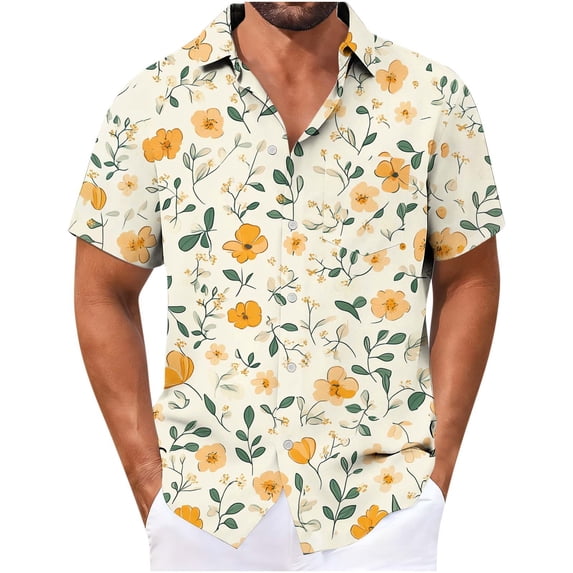 JSheng Men's Hawaiian Shirts Fashion Printed Button Up Lapel Collar Pullover Cardigan Top Plus Size Yellow L