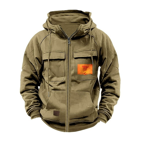JSheng Men's Hooded Sweatshirts Solid Color Hoodie Casual Sports Multi Pocket Leather Zipper Jackets Khaki M