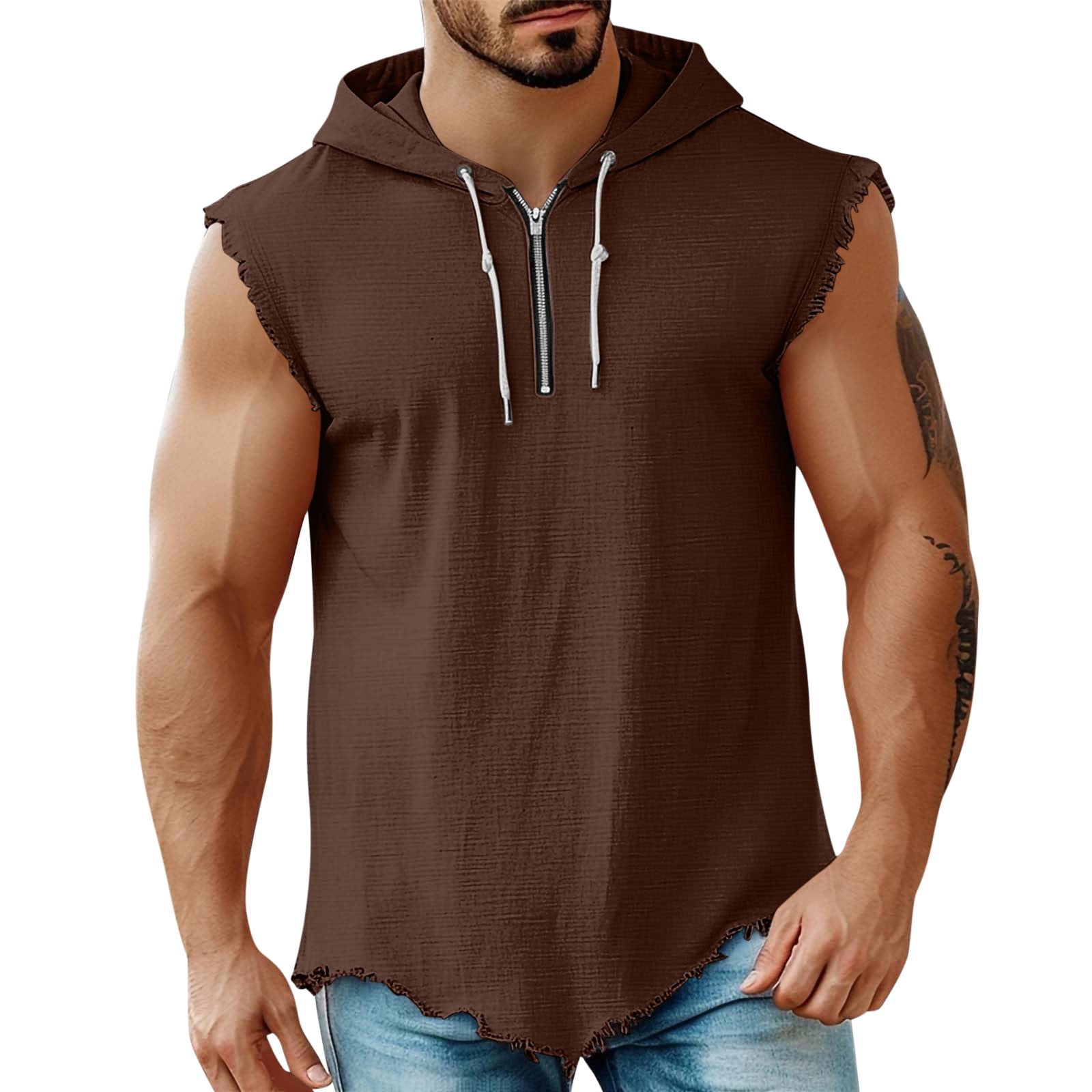 JSheng Men's Linen Shirt Fashion Sleeveless Hooded Plain Color Classic ...