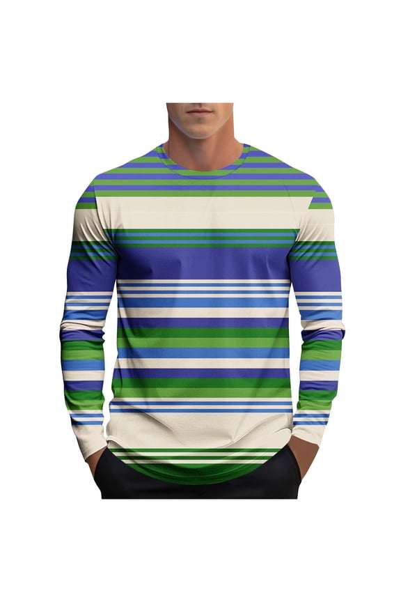 Men's Long Sleeve Tops Fashion Man Round Neck Color Striped Printed Pullover Casual Loose Blouse Blue XXXL