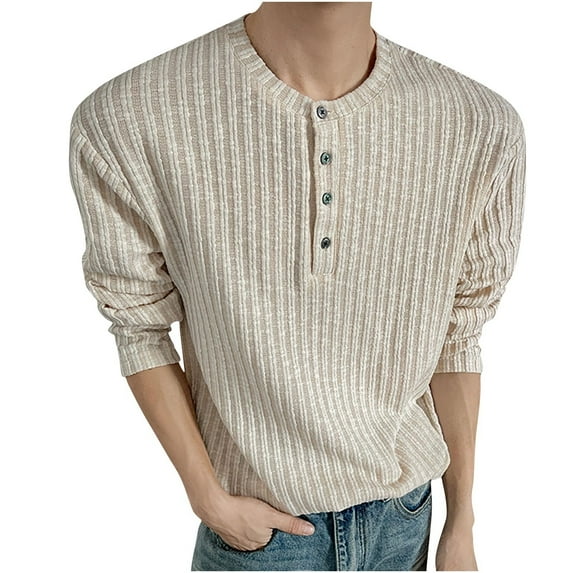 JSheng Men's Long Sleeve Tops Fashionable Vintage Solid Color Casual Button V-Neck Striped Blouse Shirt Beige S