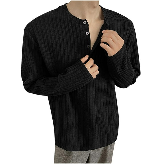 JSheng Men's Long Sleeve Tops Fashionable Vintage Solid Color Casual Button V-Neck Striped Blouse Shirt Black M