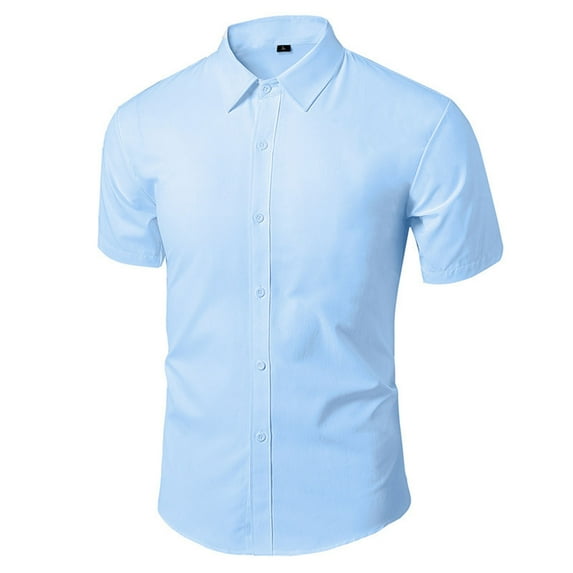 JSheng Men's Short Sleeve Dress Shirts Button-Up Shirt Solid Color Turn-down Collar Business Formal Wear Z-Sky Blue L