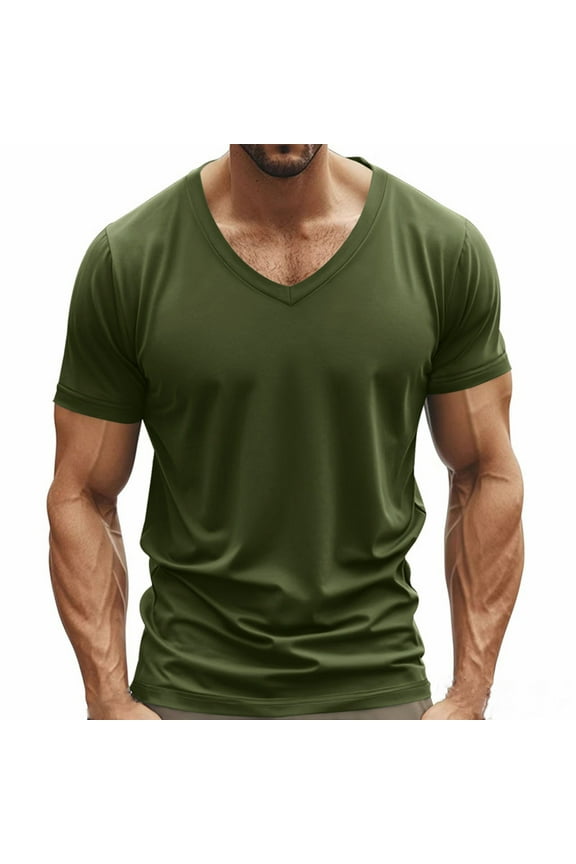 Men's Short Sleeve T-shirts Fashion Man Leisure Motion Ventilation Solid Color V-neck Tops Army Green XXXL