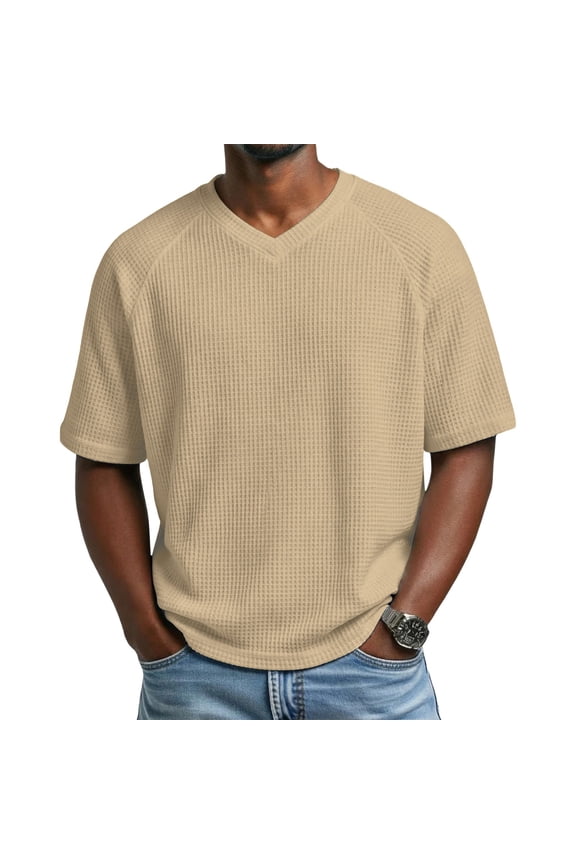 Men's Short Sleeve Tops Trendy Solid Color Short Sleeved V-Neck Waffle Checks Loose Pullover Shirts Khaki M