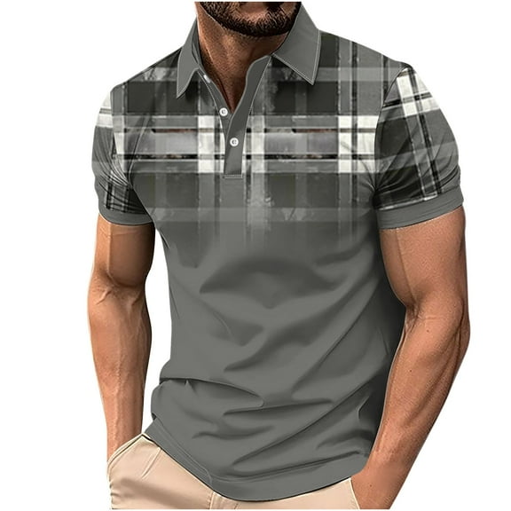 JSheng Plus Size Shirts for Men Summer Casual Plaid Button Lapel Shirt Gray XXXL