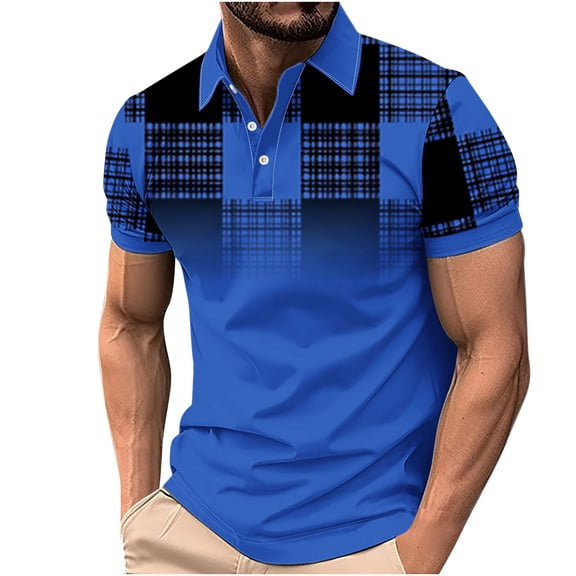 JSheng Plus Size Shirts for Men Summer Casual Plaid Button Lapel Shirt Blue XXXXL