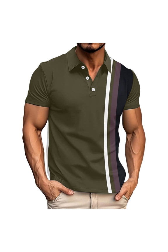Men's Striped Shirts Trendy Casual Solid Color Lapel Collar Short Sleeve Button T-shirt for Man Army Green XXL