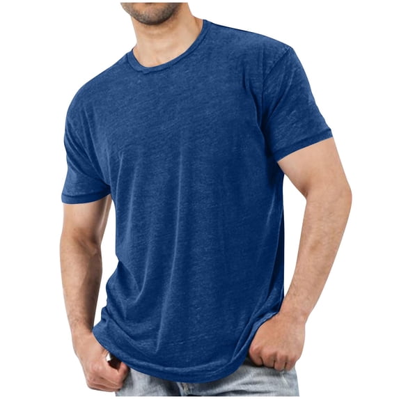 JSheng Men's T-shirts Plus Size Summer Casual Solid Color Basic Crew Neck Short Sleeve Loose Tops A-Dark Blue M