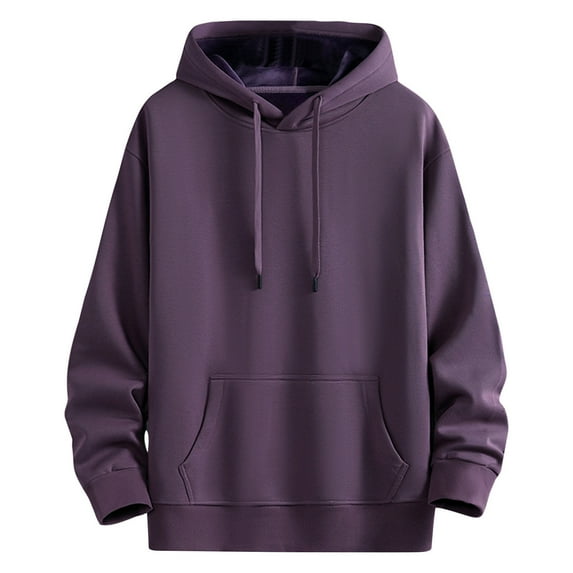 JSheng Men's Thick Hoodies Fashion Solid Color Loose Long Sleeved Hooded Fleece Pullover Thermal Comfortable Tops Purple L