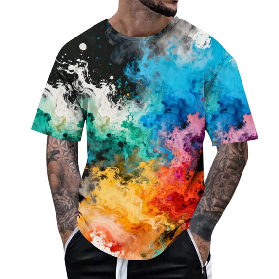 JSheng Men's Tie-dyed Printed T-shirt Summer Man Round Neck Short Sleeve Pullover Loose Oversize Tops Black M