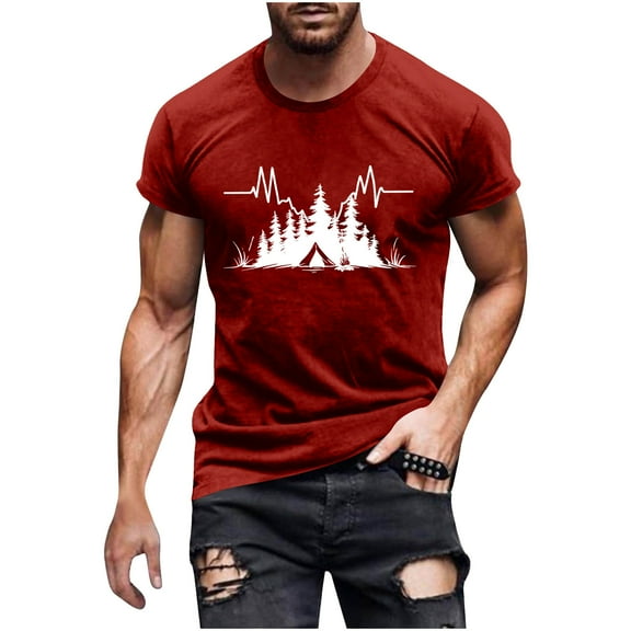 JSheng Mens Graphic Casual T-Shirts Fashionable Men's Casual Printed Short Sleeved Round Neck Top/Shirt Red L