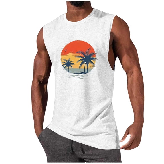 JSheng Mens Hawaiian Tank Tops Trendy Breathable Hawaiian Printed Gym Workout Summer Sleeveless T-Shirt for Man White XXL