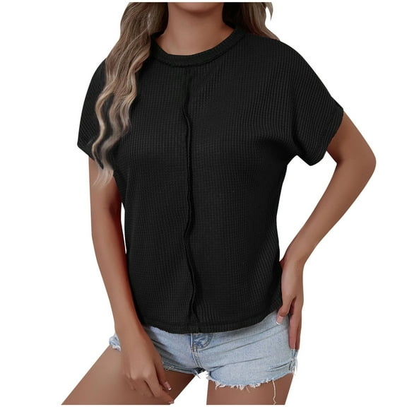 JSheng New Style Summer Tops for Women Women's New Summer Solid Color V-neck Five Quarter Sleeve Plaid Top Black XXL