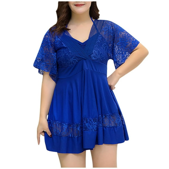 JSheng Women Swimsuits Set Plus Size Summer Fashion Printed Lace Strappy Back Set Swimmdress Blue XXXXL