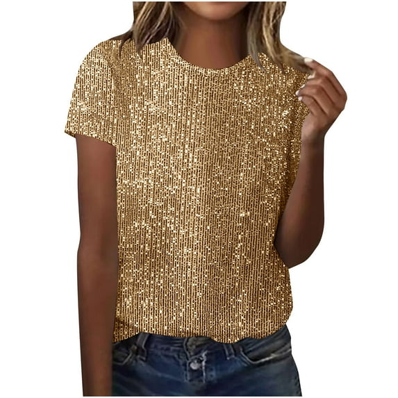 JSheng Sequin T-shirts for Women Fashion Pullover Shirt With Paillette Casual Round Neck Short Sleeve Tops Gold M