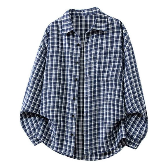 JSheng Shirts for Men Fashionable Plaid Casual Button Long Sleeve Turndown Collar Blouse Shirt Navy M