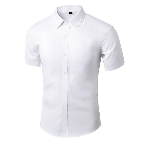 JSheng Short Sleeve Mens Dress Shirts Button-Up Shirt Solid Color Business & Formal Wear White XL