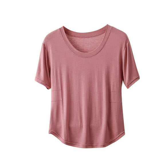 JSheng Short Sleeved Top for Women Breathable Fashionable Casual Loose Solid Color Round Neck T-shirt Top Pink XL