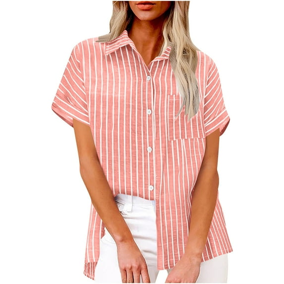JSheng Striped Button Down Shirts for Women Trendy Smocked Cuffed Blouse Causal Short Sleeve Tops with Pocket Pink S