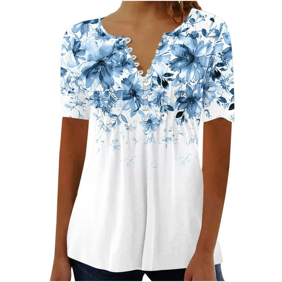 JSheng Summer Button Top for Women Plus Size Fashion Printed Womens Short Sleeves V-Neck Button Comfy Loose Top White S