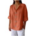 thumbnail image 1 of JSheng Summer Casual 3/4 sleeve Tops for Women New Solid Color V-neck 3/4 Sleeve Loose Cotton And Linen Top With Decorative Buttons Orange XXXL, 1 of 5