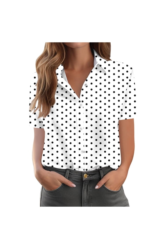 Summer Casual Blouse for Women Fashion Wave point Comfortable Short Sleeved Button Shirt Top White S