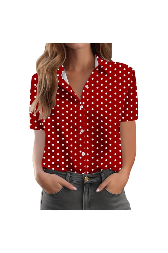 Summer Casual Blouse for Women Fashion Wave point Comfortable Short Sleeved Button Shirt Top Wine S