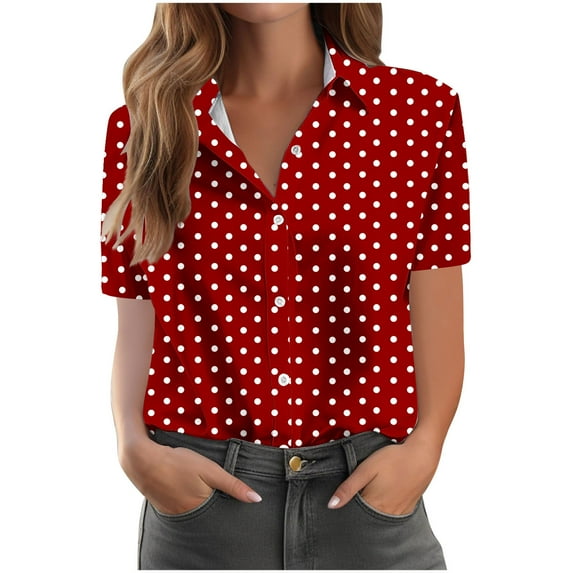JSheng Summer Casual Blouse for Women Fashion Wave point Comfortable Short Sleeved Button Shirt Top Wine XXXL