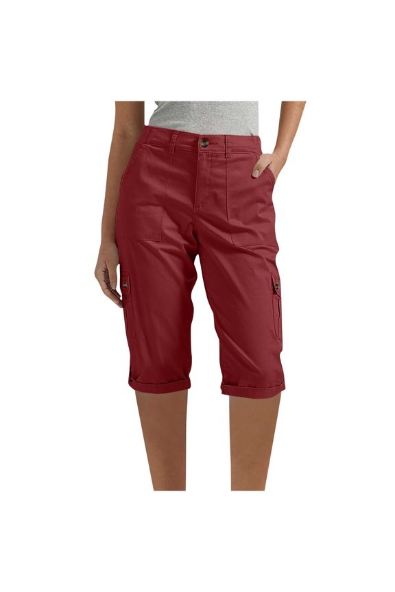 Summer Casual Cargo Pants for Women Ladies' Fashion Solid Color Pants with Half Elastic Waist Casual Overalls Button Zipper Pocket Pants Red M