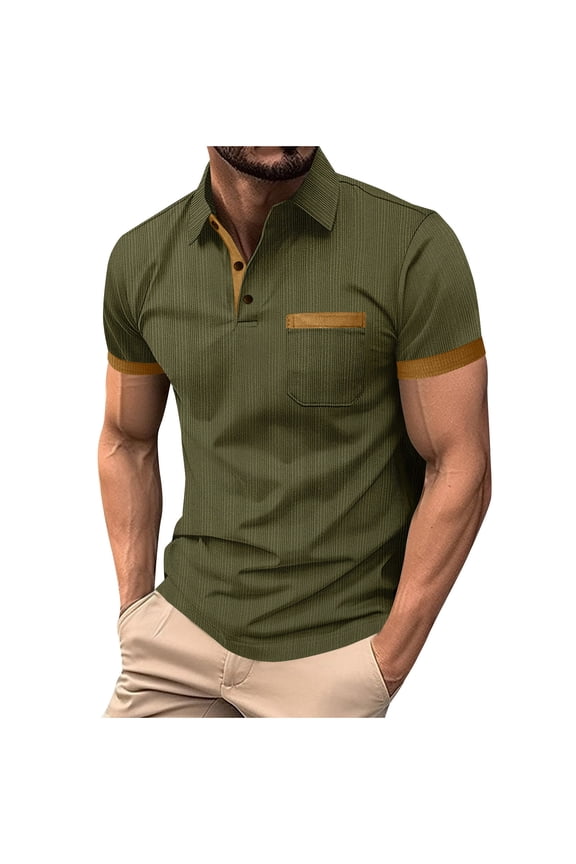 Summer Casual Shirt for Men Chest Pocket Collar Button Splicing Color Matching Short Sleeve Tops Army Green XXL