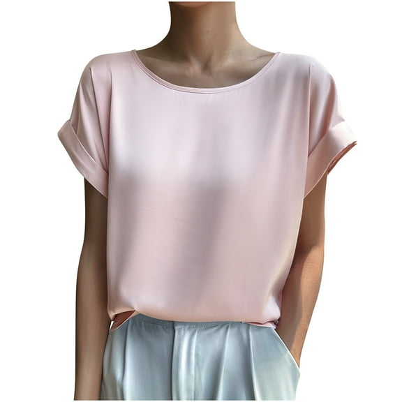 JSheng Summer Casual T-Shirt for Women Women's Solid Color Crew Neck Short Sleeve Fashion T-Shirt Top Pink XXXL