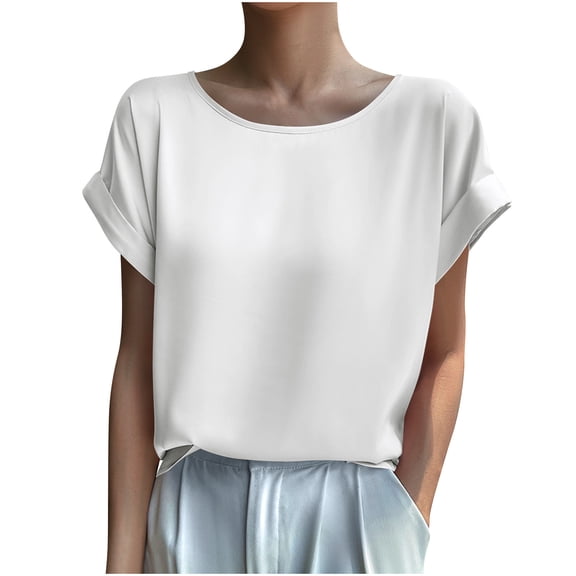 JSheng Summer Casual T-Shirt for Women Women's Solid Color Crew Neck Short Sleeve Fashion T-Shirt Top White XXL