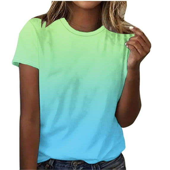 JSheng Summer Casual Tops For Women 2025 Ladies Fashion Crewneck Gradient Color Short Sleeve T-shirt Top Green XXL
