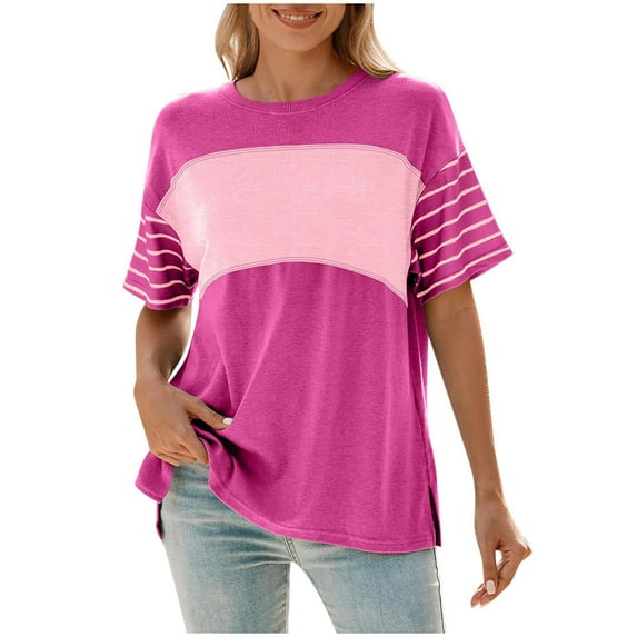 JSheng Summer Casual Tops for Women Assorted Colors Loose Summer Women Round Neck Pullover Short Strip SleeveT-shirt Top Hot Pink XXL