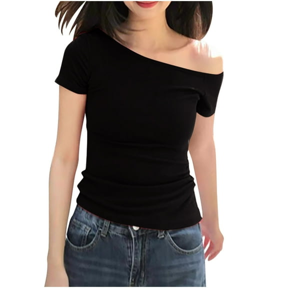 JSheng Summer Casual Tops for Women Fashion Women's Slim Solid Color Short-Sleeved Off-Shoulder Tops Black M