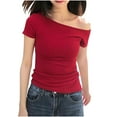 thumbnail image 1 of JSheng Summer Casual Tops for Women Fashion Women's Slim Solid Color Short-Sleeved Off-Shoulder Tops Red XL, 1 of 5